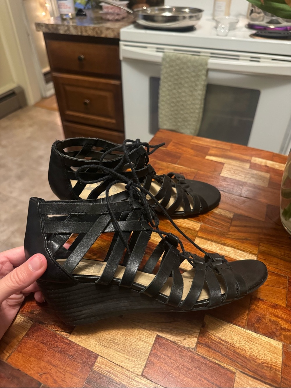 Crown Vintage Black Lace-Up Gladiator Wedge Sandals